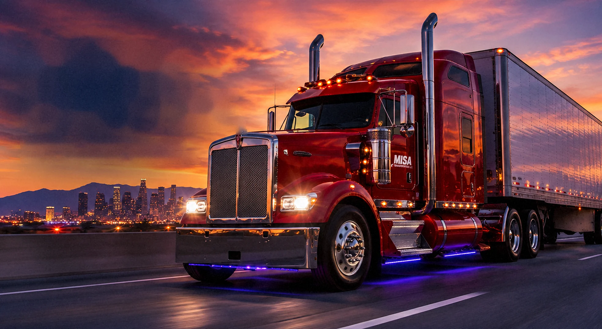 Misa Transportation red Kenworth tractor pulling a trailer down the highway at sunset, with the Los Angeles skyline behind